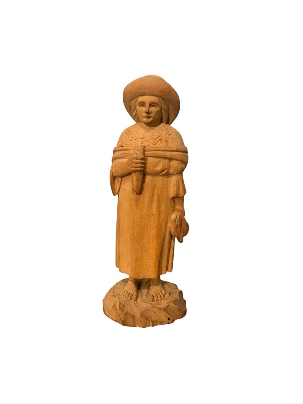 Vintage Hand Carved Wooden Folk Art Figurine Ecuador Woman Wide Brim Hat Basket
